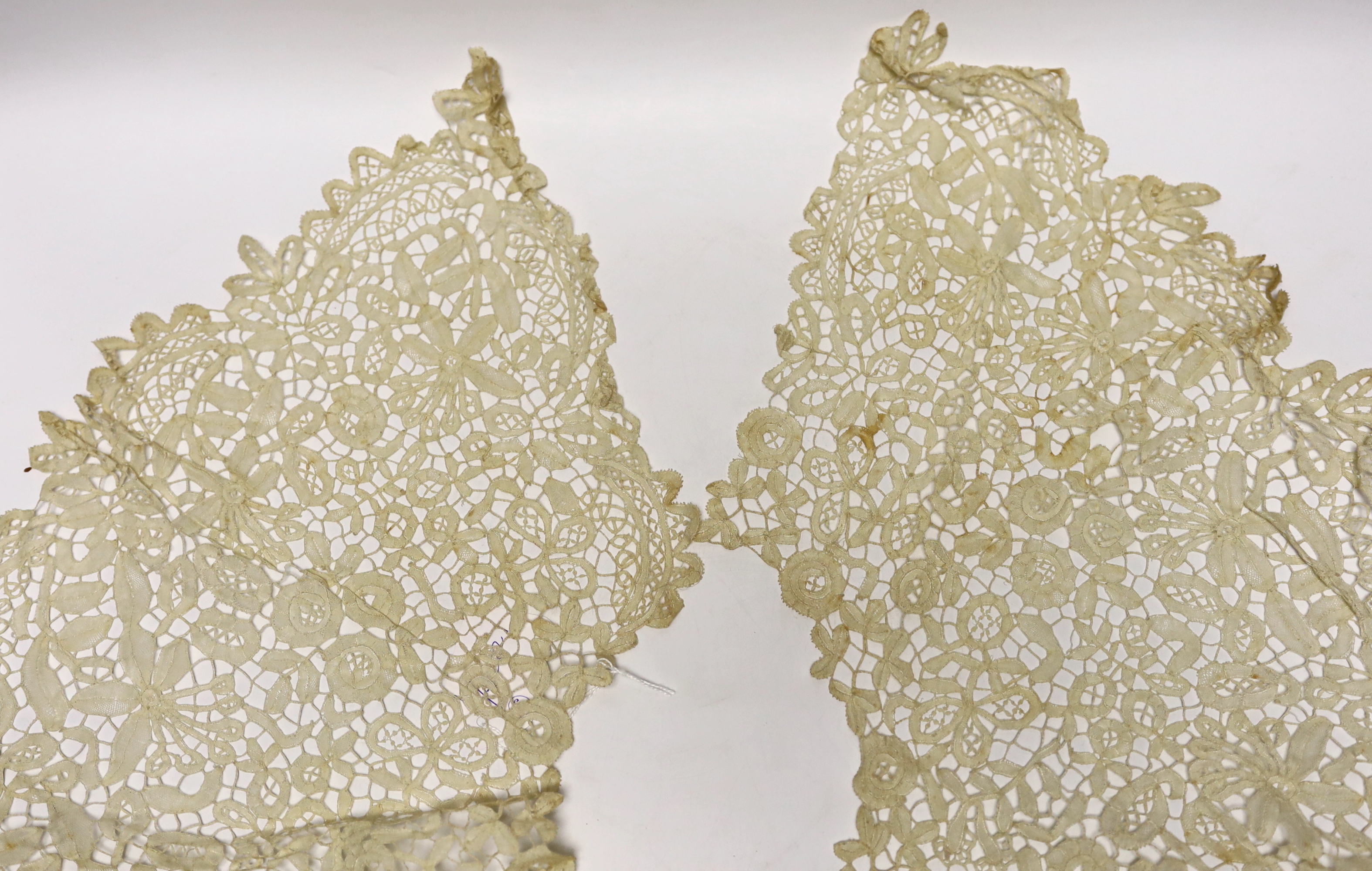 A long 19th century mixed Brussels lace collar, with 20 needle lace oval insertions, a similar wider Honiton bobbin lace collar and a machine lace bonnet veil